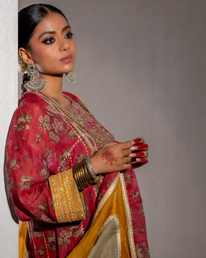 block printed maroon chanderi mull embroidered kurta with cotton silk bottom and chanderi mull dupatta