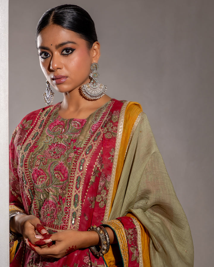 block printed maroon chanderi mull embroidered kurta with cotton silk bottom and chanderi mull dupatta