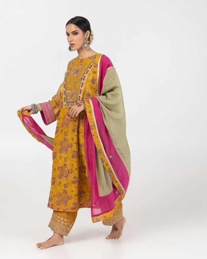 mustard block printed embroidered kurta with cotton silk bottom and chanderi mull dupatta