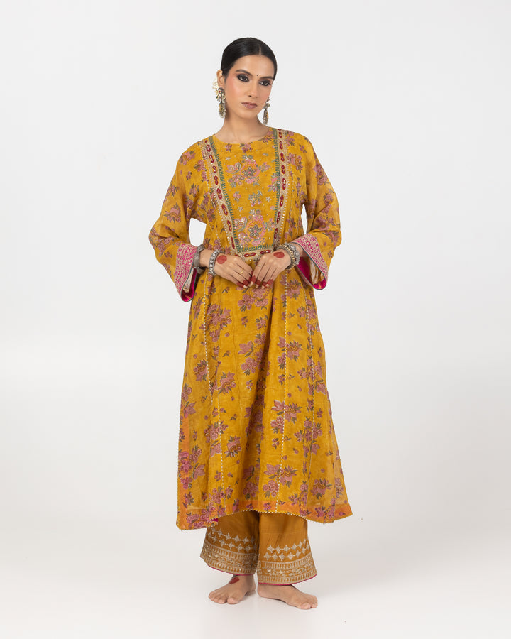 mustard block printed embroidered kurta with cotton silk bottom
