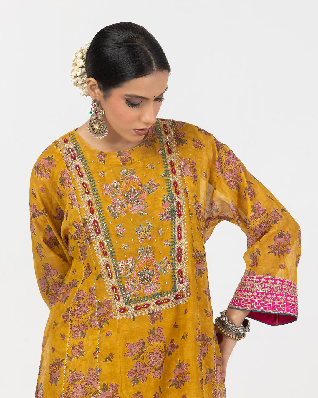 mustard block printed embroidered kurta with cotton silk bottom