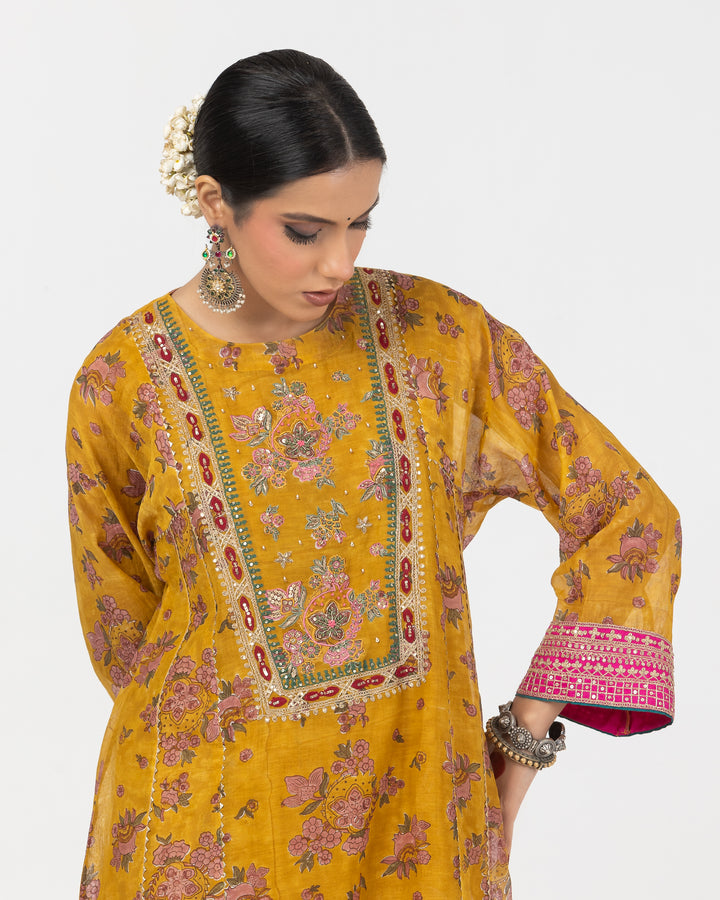 mustard block printed embroidered kurta with cotton silk bottom