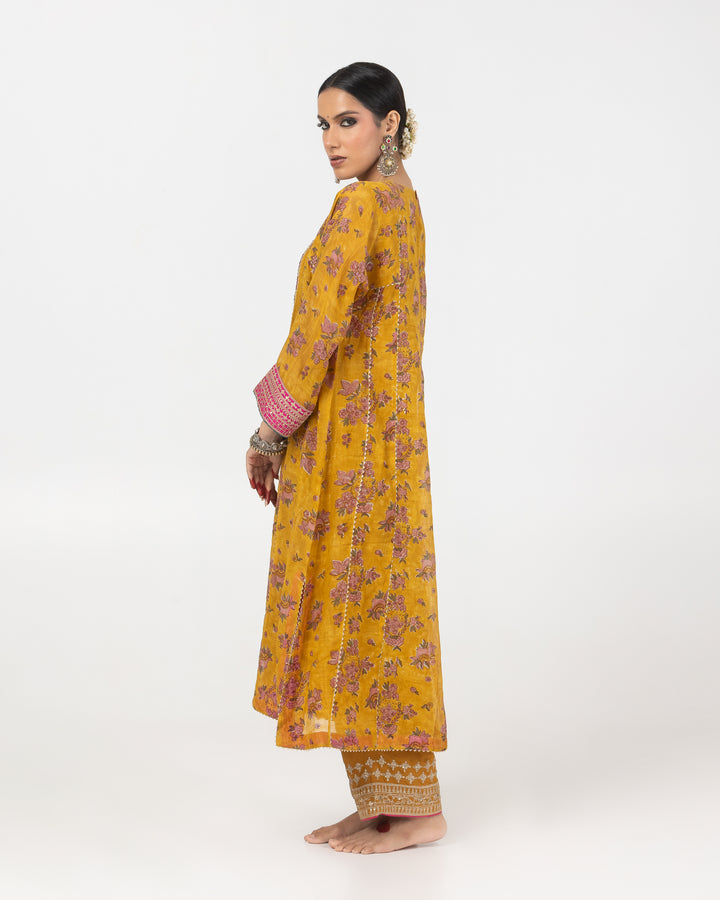mustard block printed embroidered kurta with cotton silk bottom