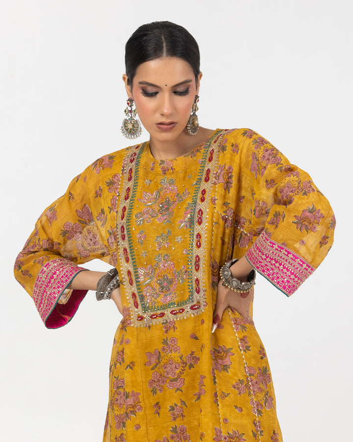 mustard block printed embroidered kurta with cotton silk bottom