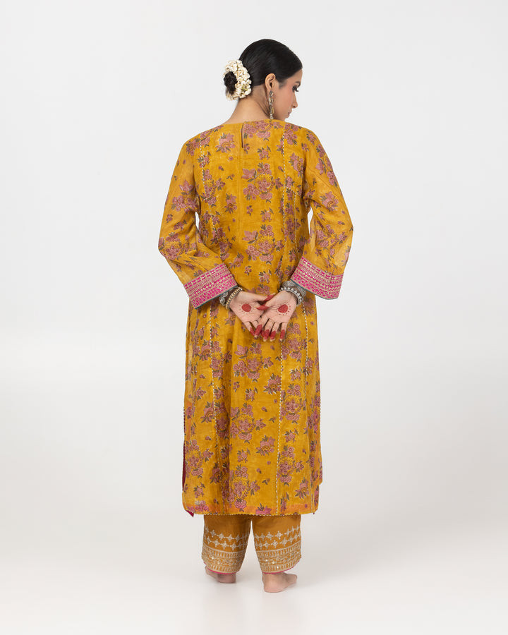 mustard block printed embroidered kurta with cotton silk bottom