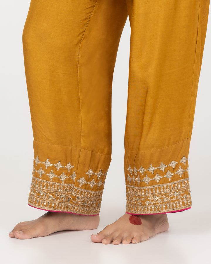 mustard block printed embroidered kurta with cotton silk bottom