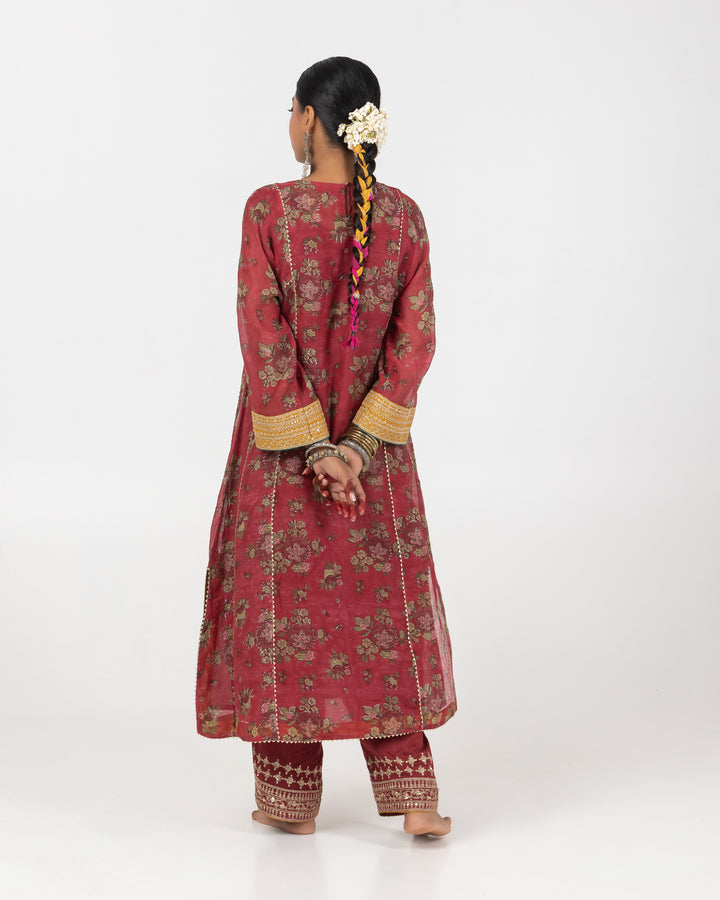 block printed maroon chanderi mull embroidered kurta with cotton silk bottom and chanderi mull dupatta