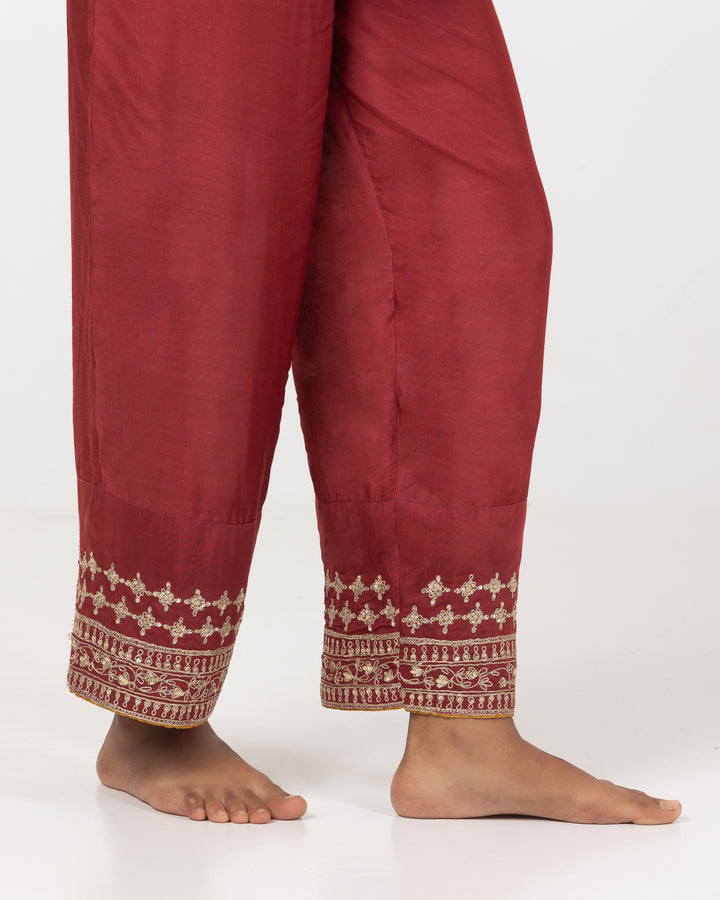 block printed maroon chanderi mull embroidered kurta with cotton silk bottom and chanderi mull dupatta
