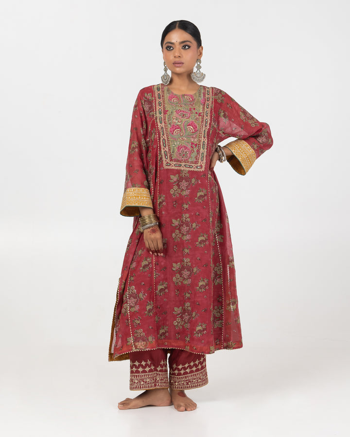 block printed maroon chanderi mull embroidered kurta with cotton silk bottom and chanderi mull dupatta