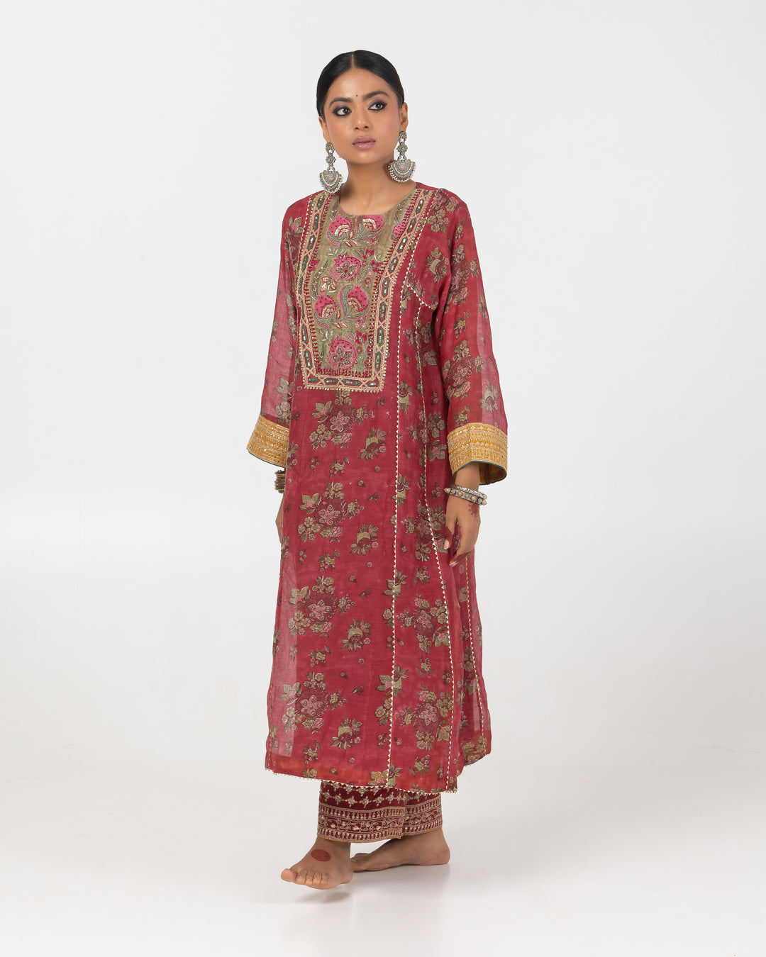 block printed maroon chanderi mull embroidered kurta with cotton silk bottom and chanderi mull dupatta