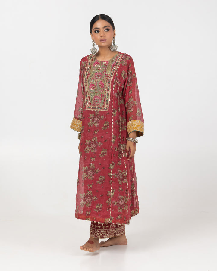 block printed maroon chanderi mull embroidered kurta with cotton silk bottom and chanderi mull dupatta