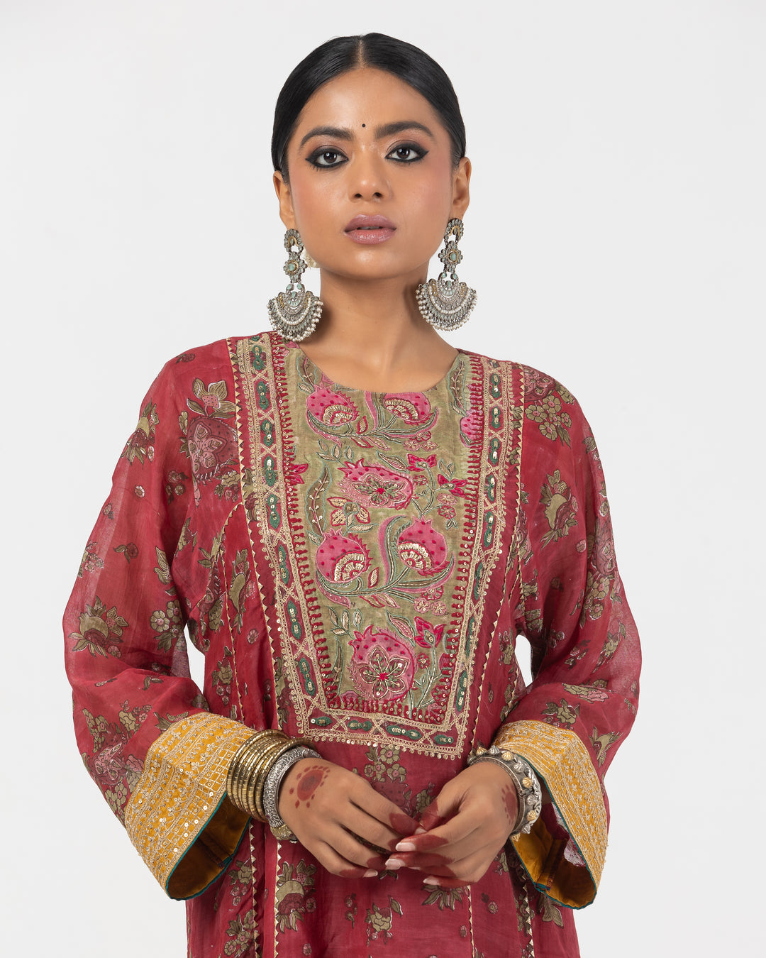 block printed maroon chanderi mull embroidered kurta with cotton silk bottom and chanderi mull dupatta