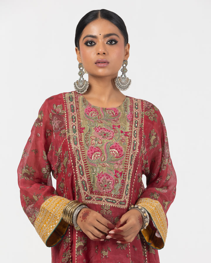 block printed maroon chanderi mull embroidered kurta with cotton silk bottom and chanderi mull dupatta