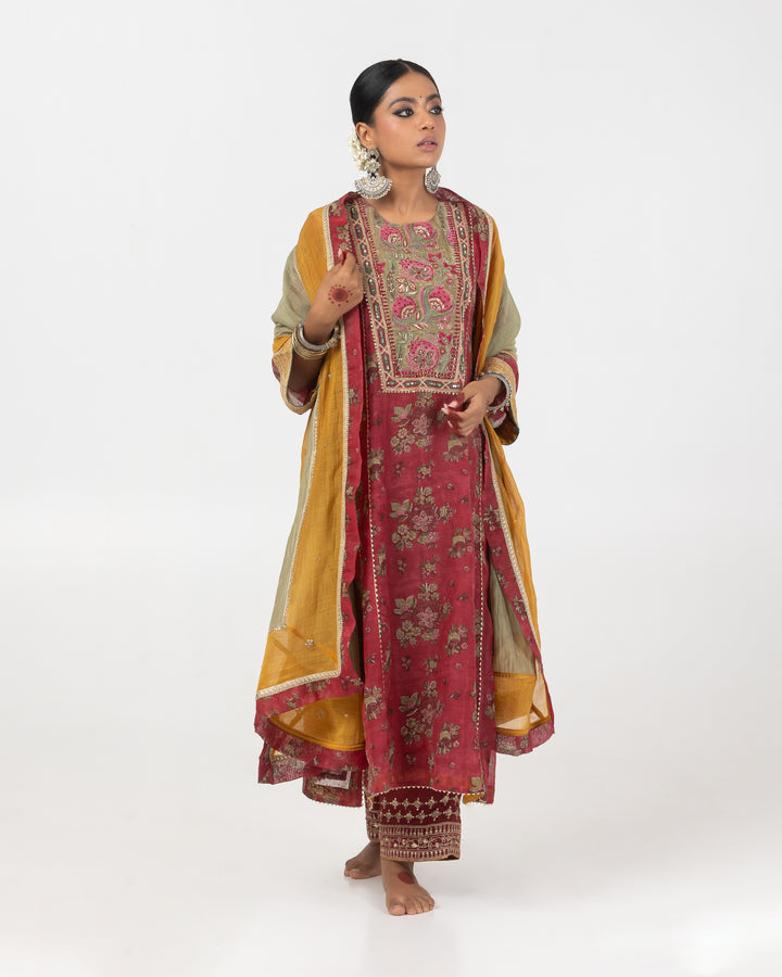 block printed maroon chanderi mull embroidered kurta with cotton silk bottom and chanderi mull dupatta
