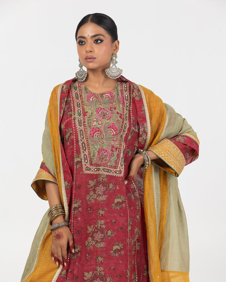 block printed maroon chanderi mull embroidered kurta with cotton silk bottom and chanderi mull dupatta