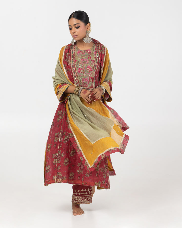 block printed maroon chanderi mull embroidered kurta with cotton silk bottom and chanderi mull dupatta