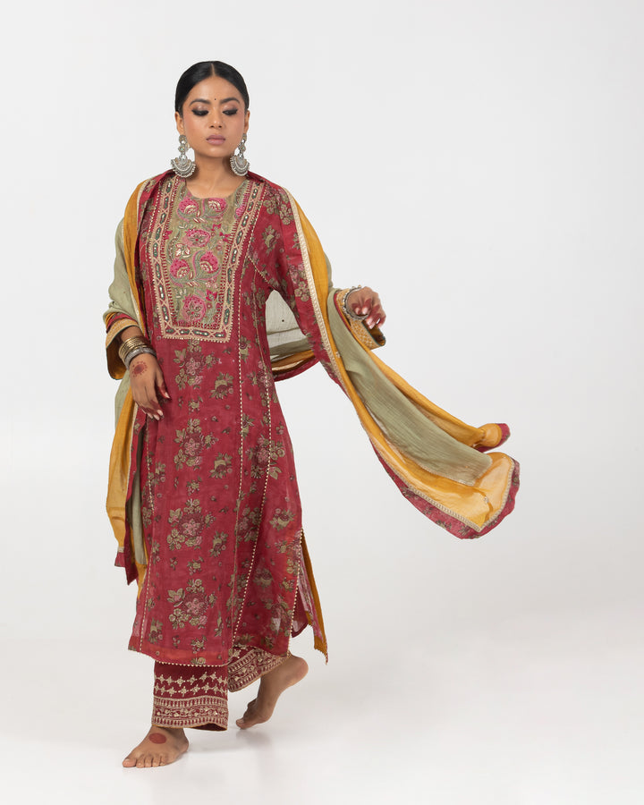 block printed maroon chanderi mull embroidered kurta with cotton silk bottom and chanderi mull dupatta