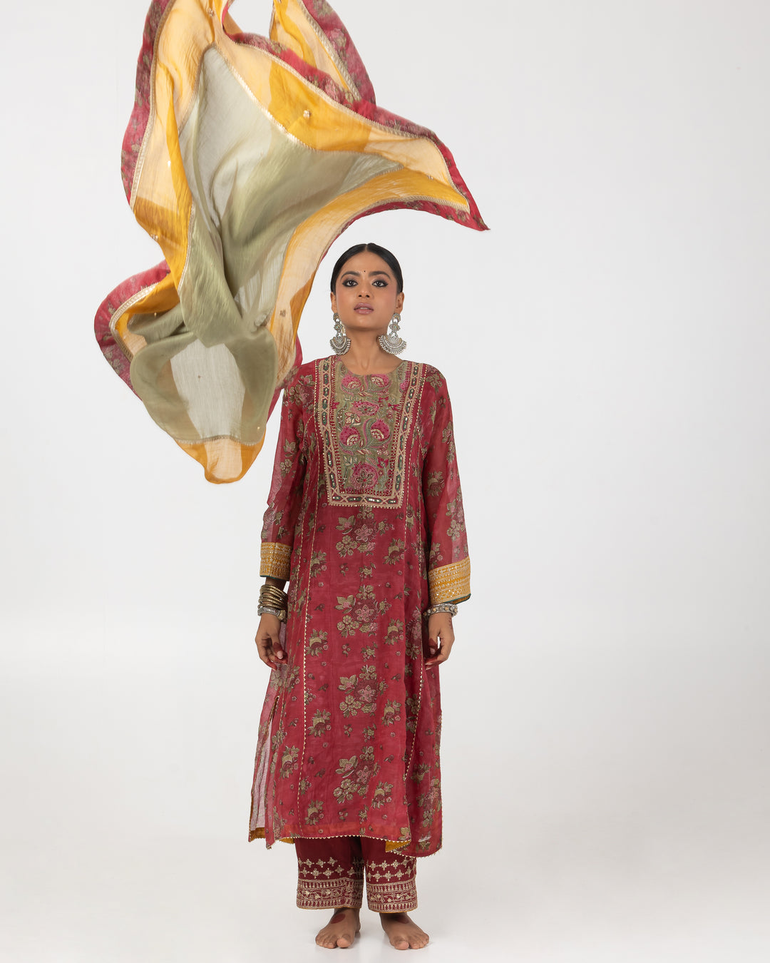 block printed maroon chanderi mull embroidered kurta with cotton silk bottom and chanderi mull dupatta