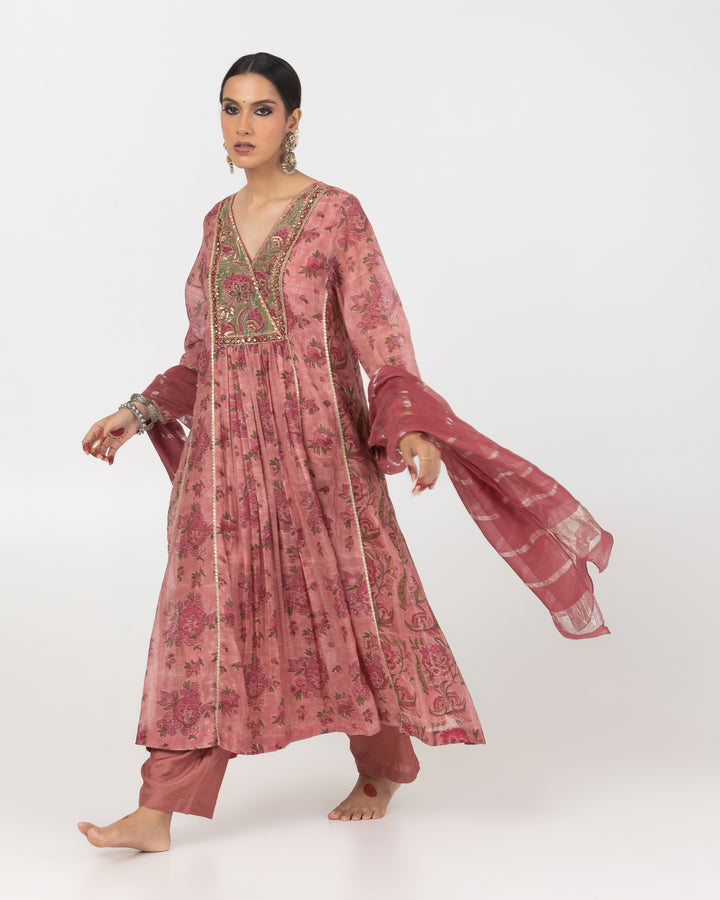 block printed blush pink embroidered chanderi mull kurta with cotton silk bottom and zari dupatta