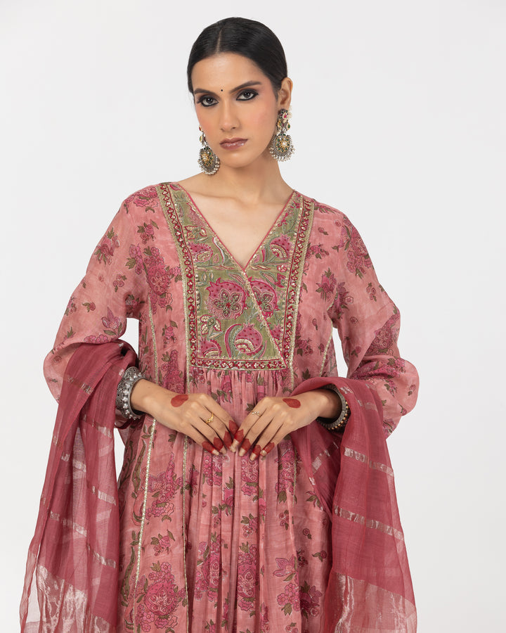 block printed blush pink embroidered chanderi mull kurta with cotton silk bottom and zari dupatta