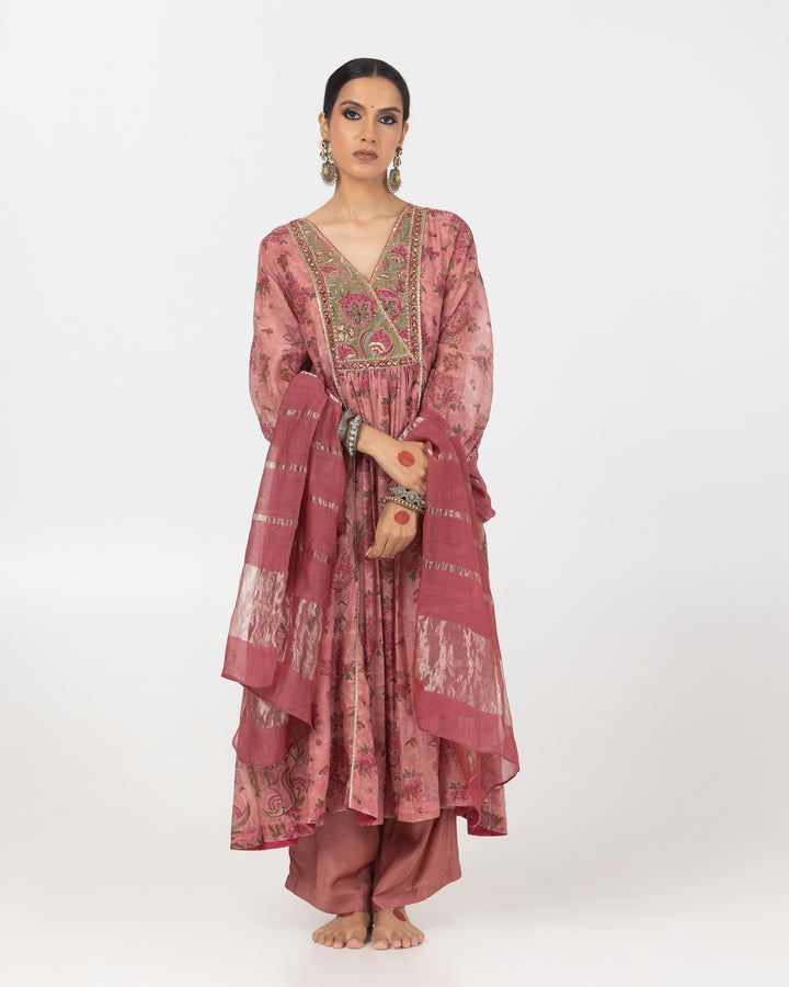 block printed blush pink embroidered chanderi mull kurta with cotton silk bottom and zari dupatta