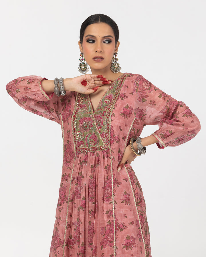 block printed blush pink embroidered chanderi mull kurta with cotton silk bottom and zari dupatta
