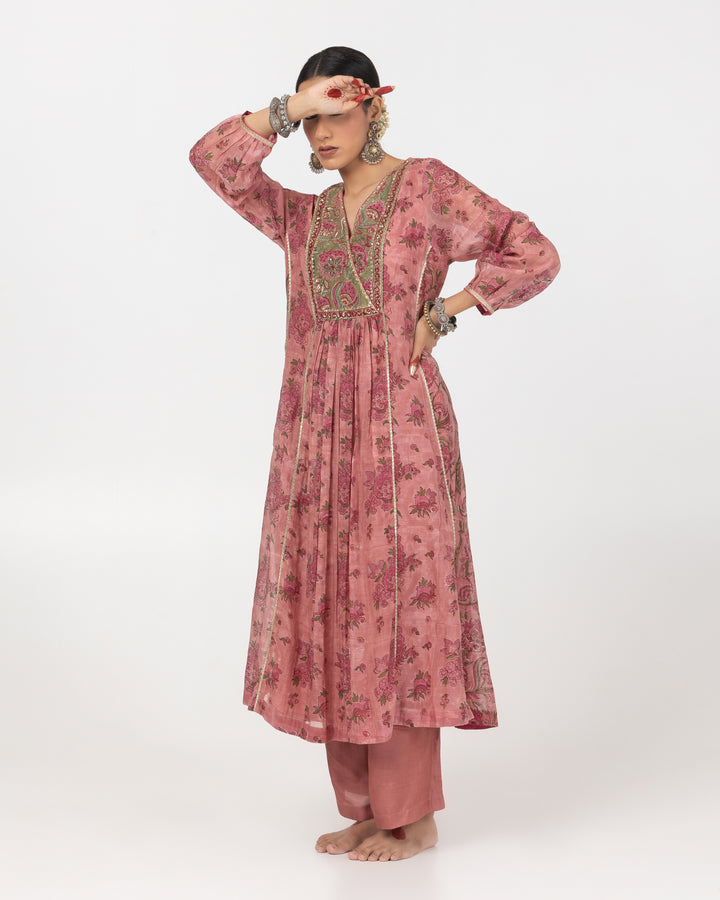 block printed blush pink embroidered chanderi mull kurta with cotton silk bottom and zari dupatta