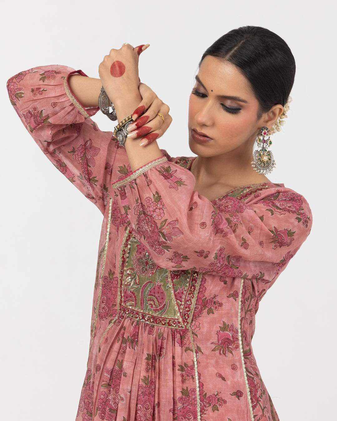block printed blush pink embroidered chanderi mull kurta with cotton silk bottom and zari dupatta