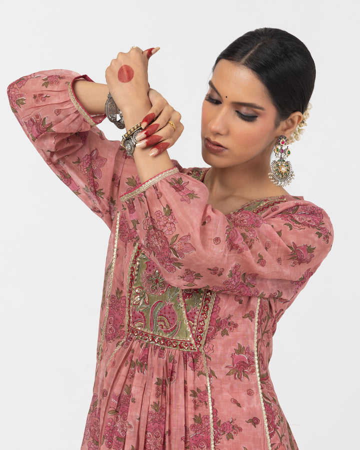 block printed blush pink embroidered chanderi mull kurta with cotton silk bottom and zari dupatta