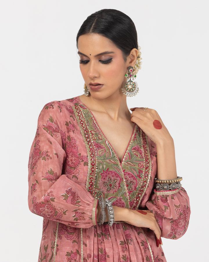 block printed blush pink embroidered chanderi mull kurta with cotton silk bottom and zari dupatta