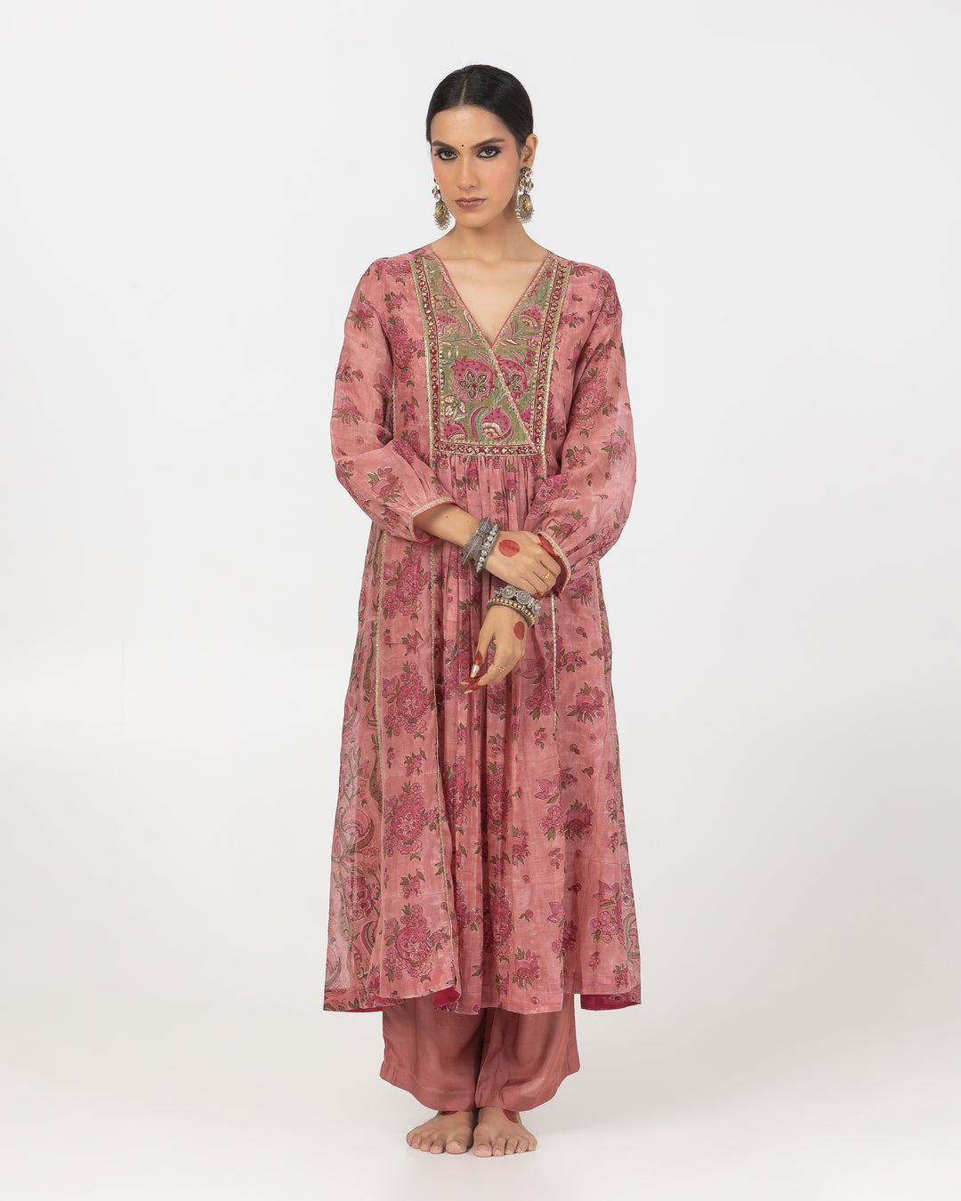 block printed blush pink embroidered chanderi mull kurta with cotton silk bottom and zari dupatta