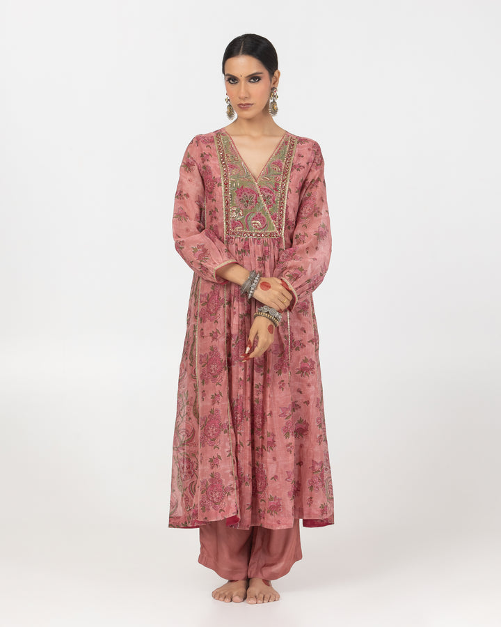 block printed blush pink embroidered chanderi mull kurta with cotton silk bottom and zari dupatta