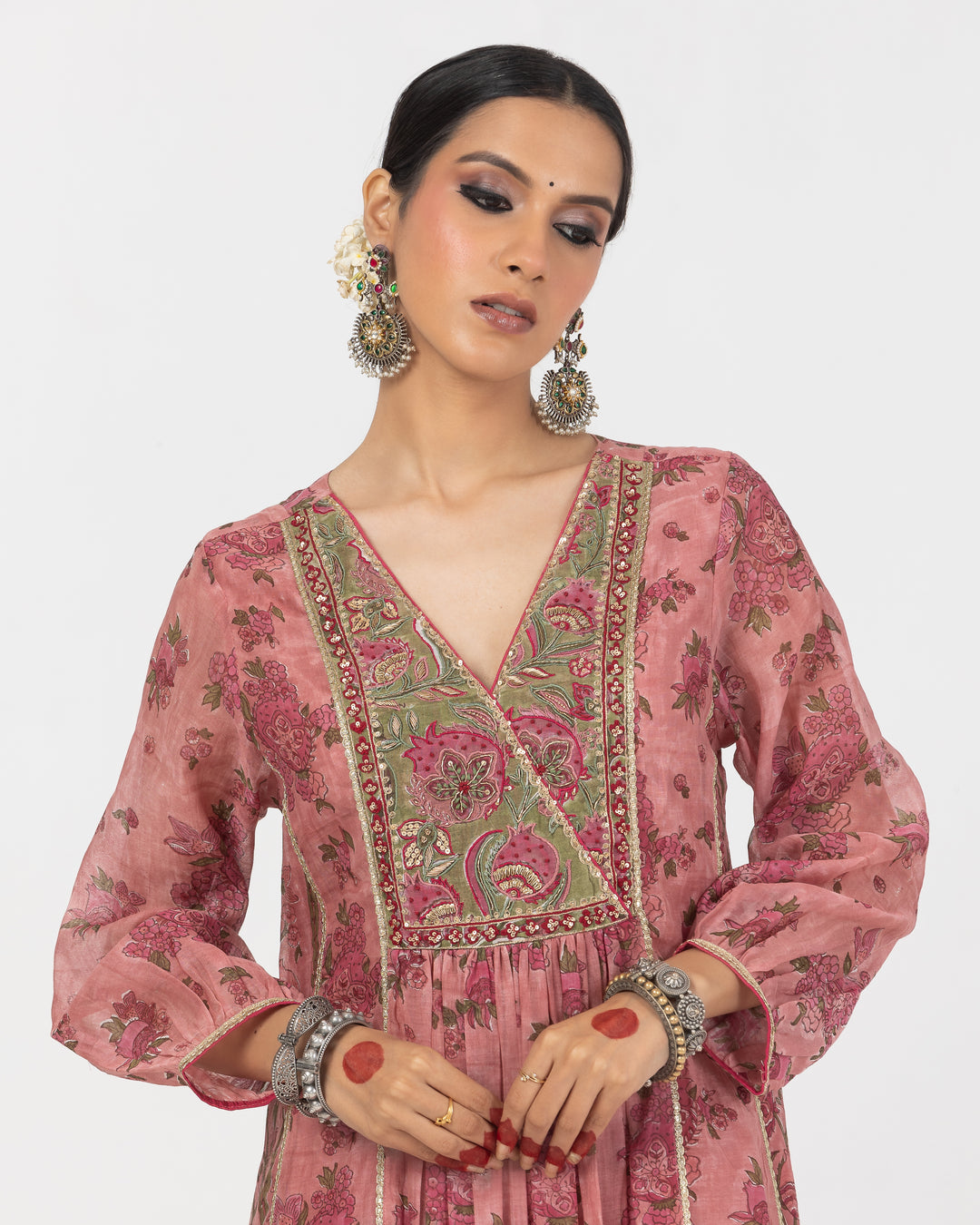 block printed blush pink embroidered chanderi mull kurta with cotton silk bottom and zari dupatta