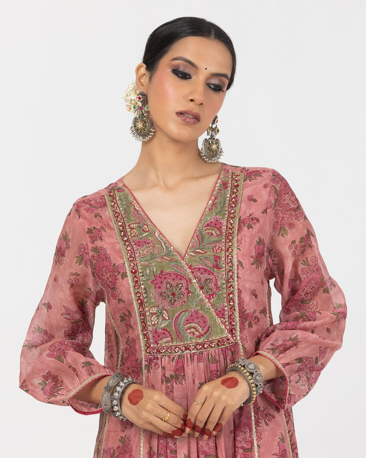 block printed blush pink embroidered chanderi mull kurta with cotton silk bottom and zari dupatta