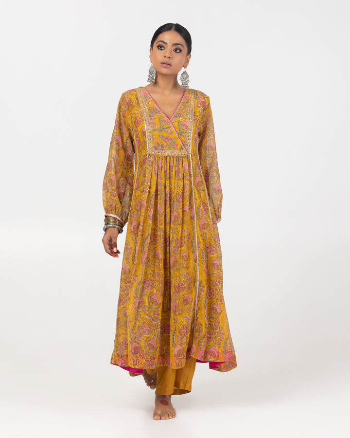 mustard block printed embroidered kurta with cotton silk bottom