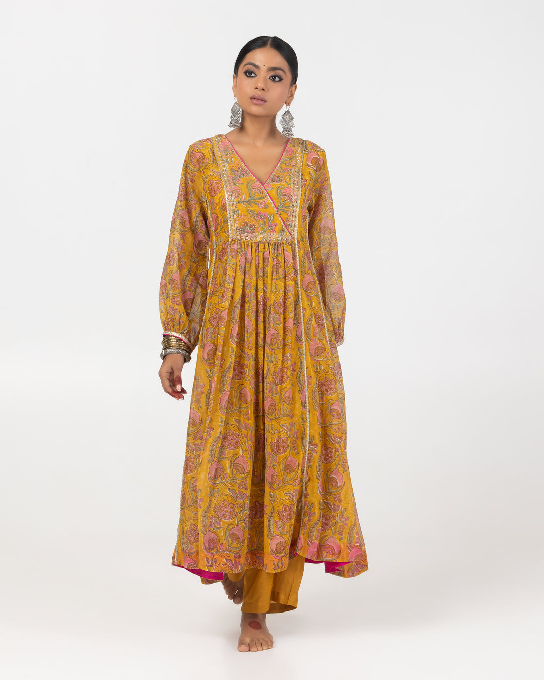 mustard block printed embroidered kurta