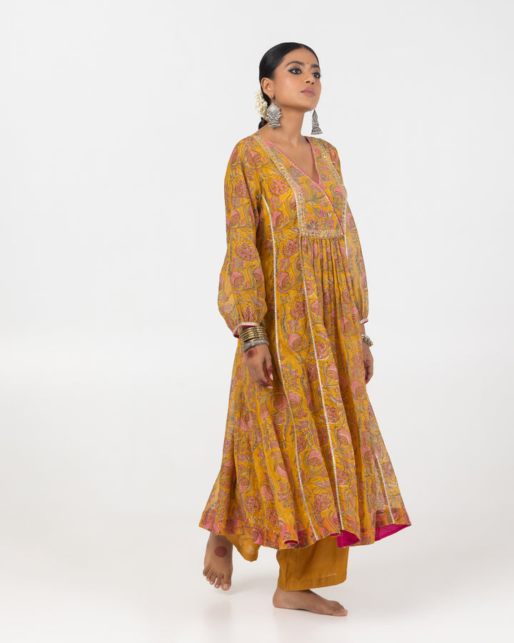 mustard block printed embroidered kurta with cotton silk bottom