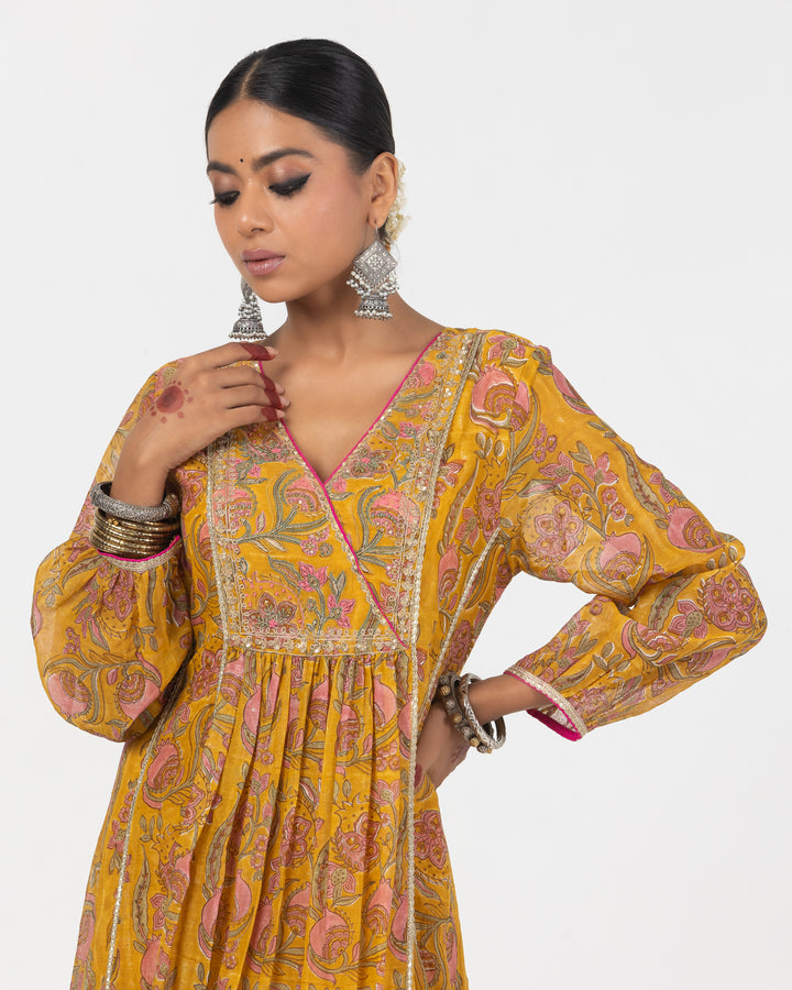 mustard block printed embroidered kurta with cotton silk bottom