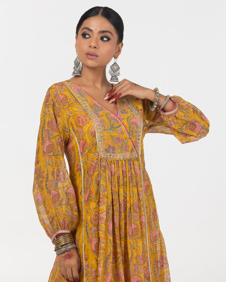 mustard block printed embroidered kurta with cotton silk bottom