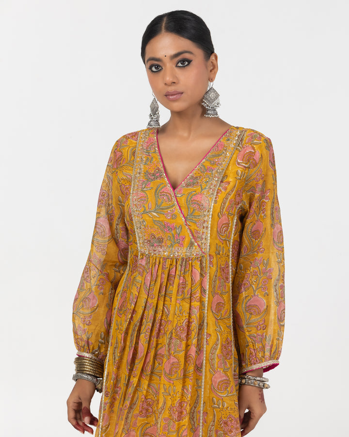 mustard block printed embroidered kurta with cotton silk bottom