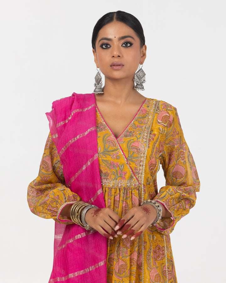 mustard block printed embroidered kurta with cotton silk bottom and zari dupatta