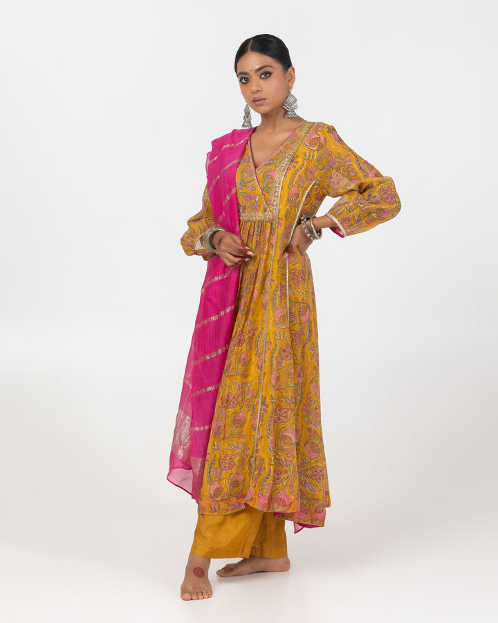 mustard block printed embroidered kurta with cotton silk bottom and zari dupatta