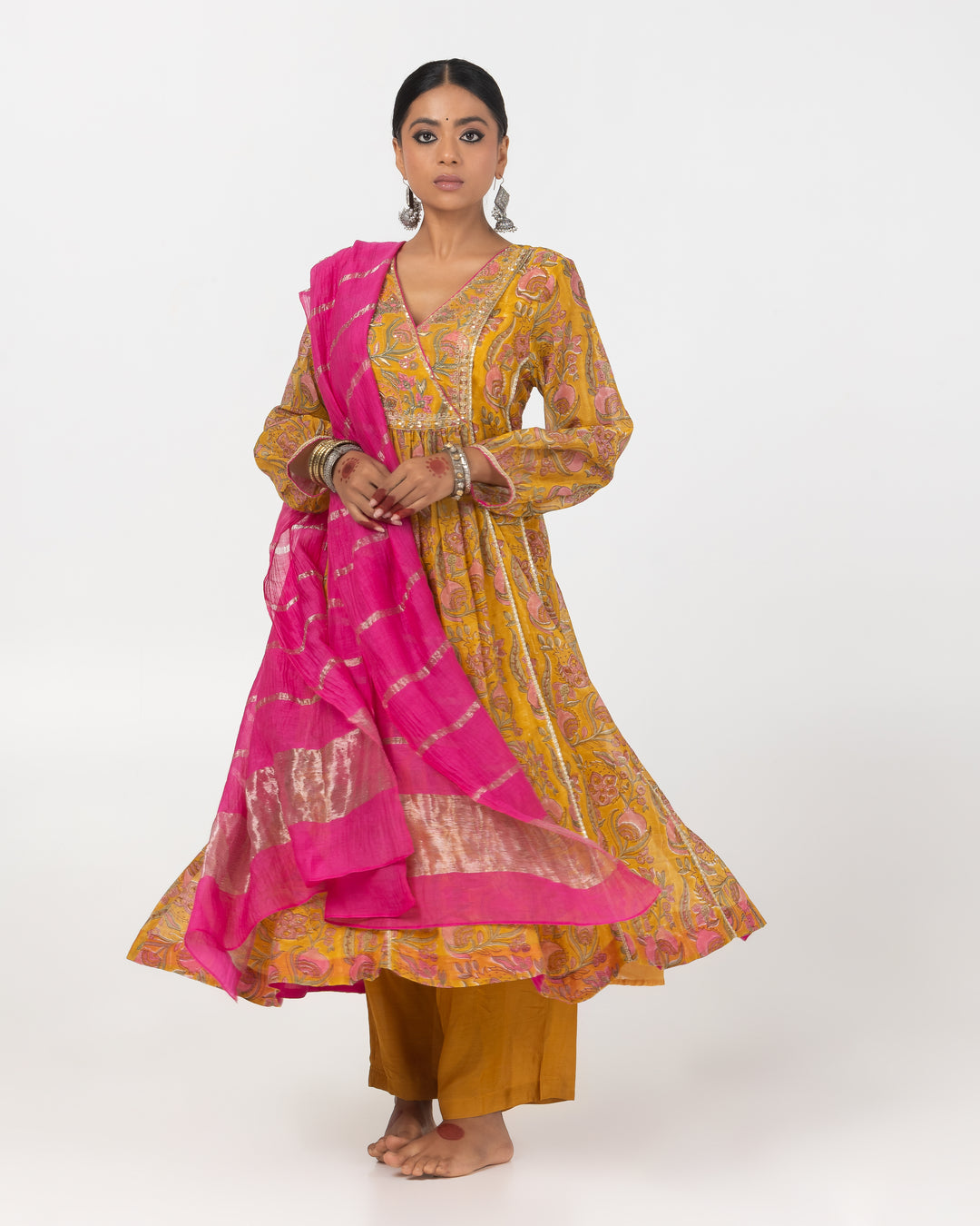 mustard block printed embroidered kurta with cotton silk bottom and zari dupatta