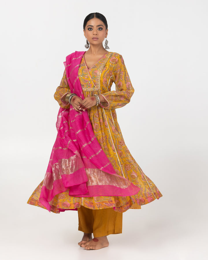 mustard block printed embroidered kurta with cotton silk bottom and zari dupatta