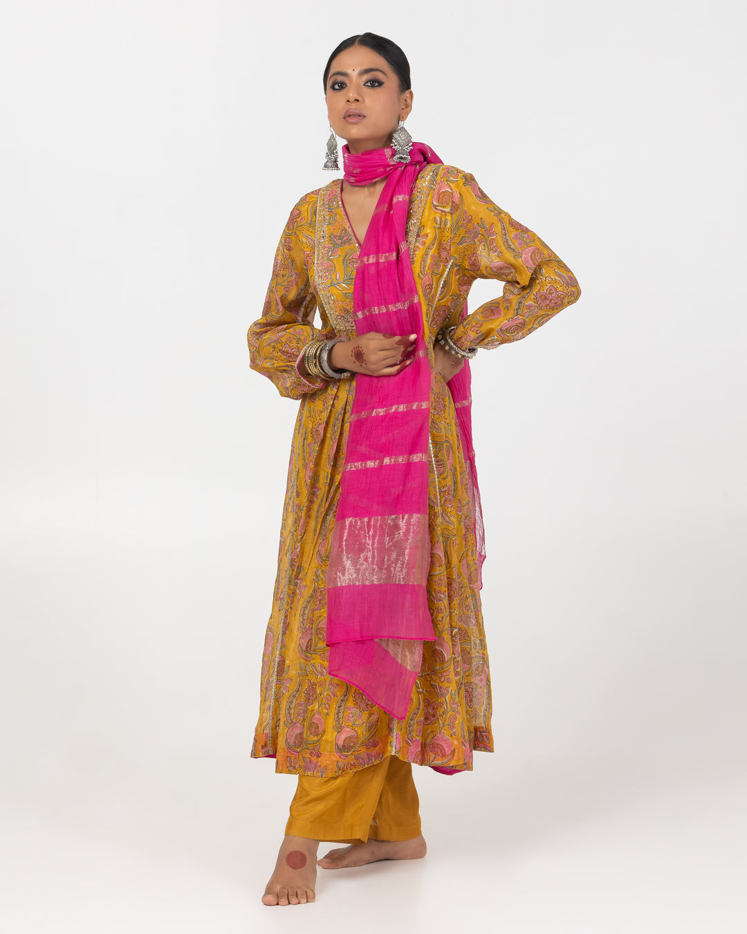 mustard block printed embroidered kurta with cotton silk bottom and zari dupatta