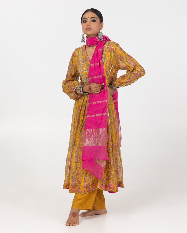 mustard block printed embroidered kurta with cotton silk bottom and zari dupatta