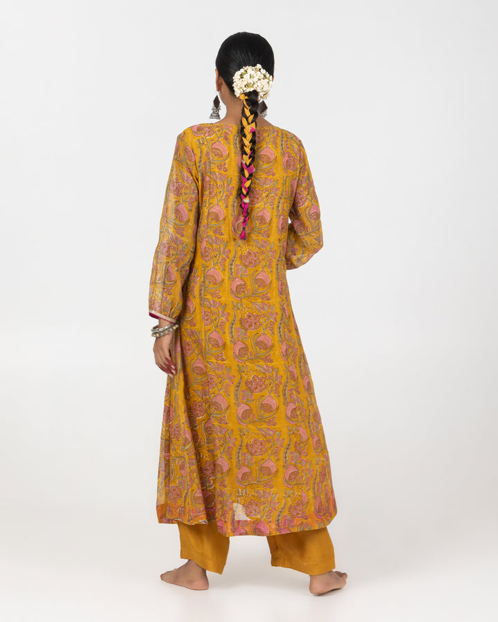 mustard block printed embroidered kurta