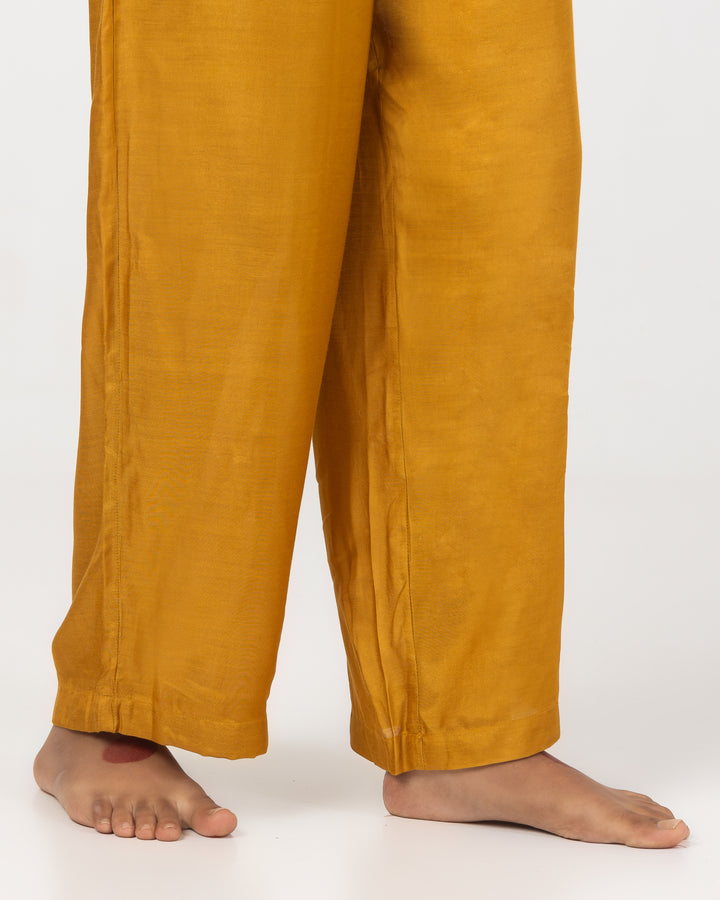 mustard block printed embroidered kurta with cotton silk bottom