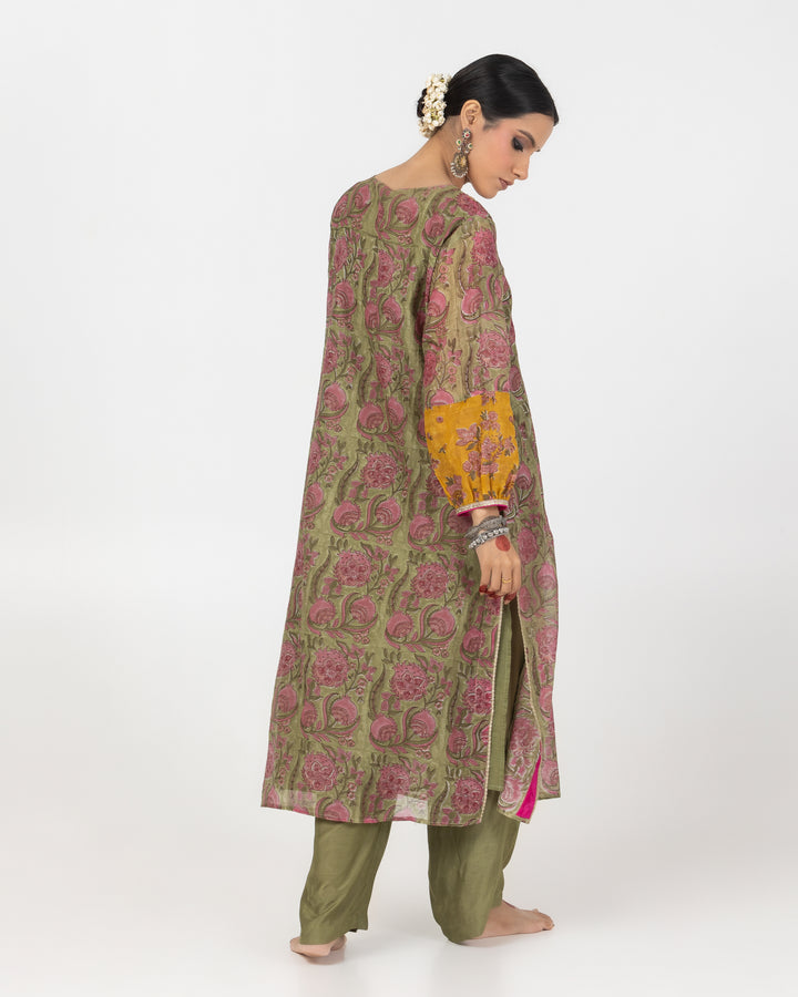 olive green block printed chanderi mull embroidered kurta with cotton silk bottom