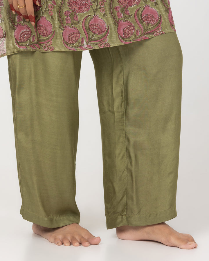 olive green block printed chanderi mull embroidered kurta with cotton silk bottom